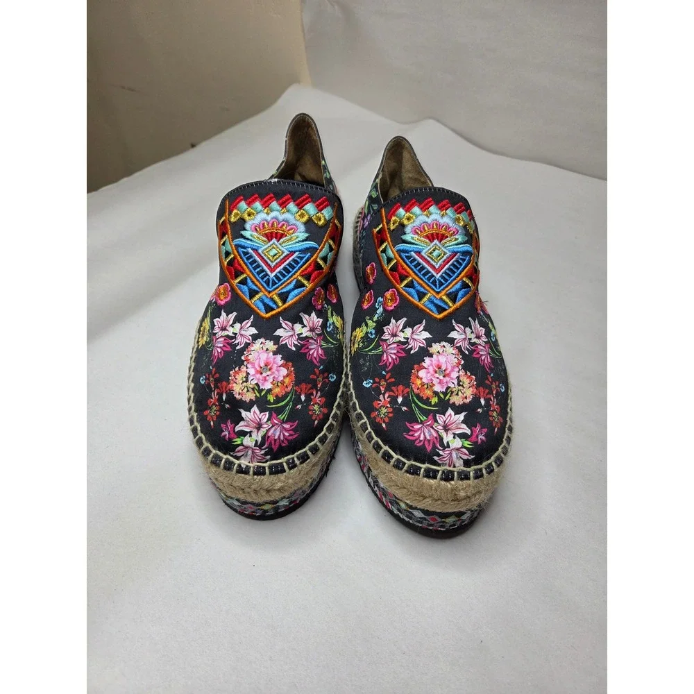 Johnny Was Black Leopard Floral Embroidered Platform Espadrille Shoes Size 9.5